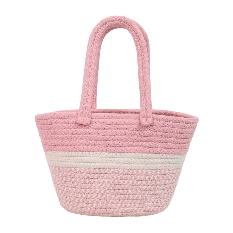 Women's Handle Bags Pink Tweed Hand-held Cotton Thread Woven Bag, Fresh And Light Hand-carried Women's Bag, Vacation Beach Bag, Storage Bag_viptrois.com