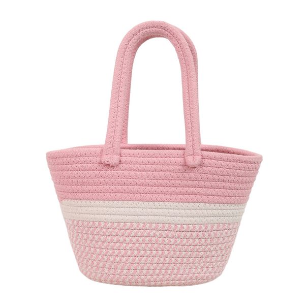 Women's Handle Bags Pink Tweed Hand-held Cotton Thread Woven Bag, Fresh And Light Hand-carried Women's Bag, Vacation Beach Bag, Storage Bag_viptrois.com