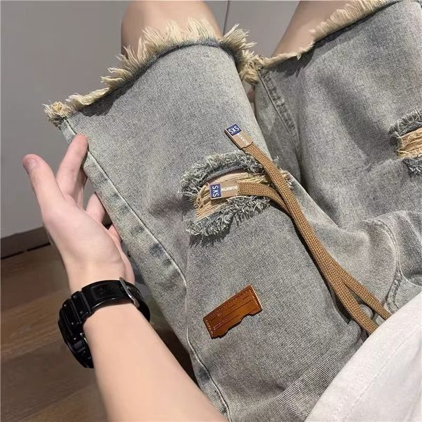 Wash Washed Ripped Denim For Men's Summer New Trend, American Style Cool Stylish, With A Rough Edge And Explosive Street_viptrois.com