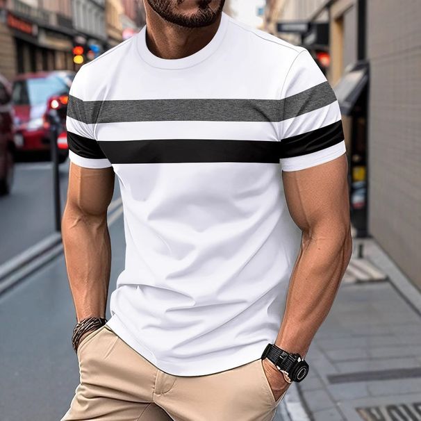 Men's Slim-Fit Color Block T-Shirt - Summer Short Sleeve Round Neck Casual Tee (White, Light Gray, Dark Gray, Black, Burgundy, Orange)_viptrois.com