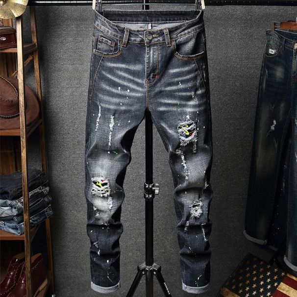 Men's Clothing Ripped Denim Patch Trend Slim Stretch Youth All Match Casual Pants_viptrois.com