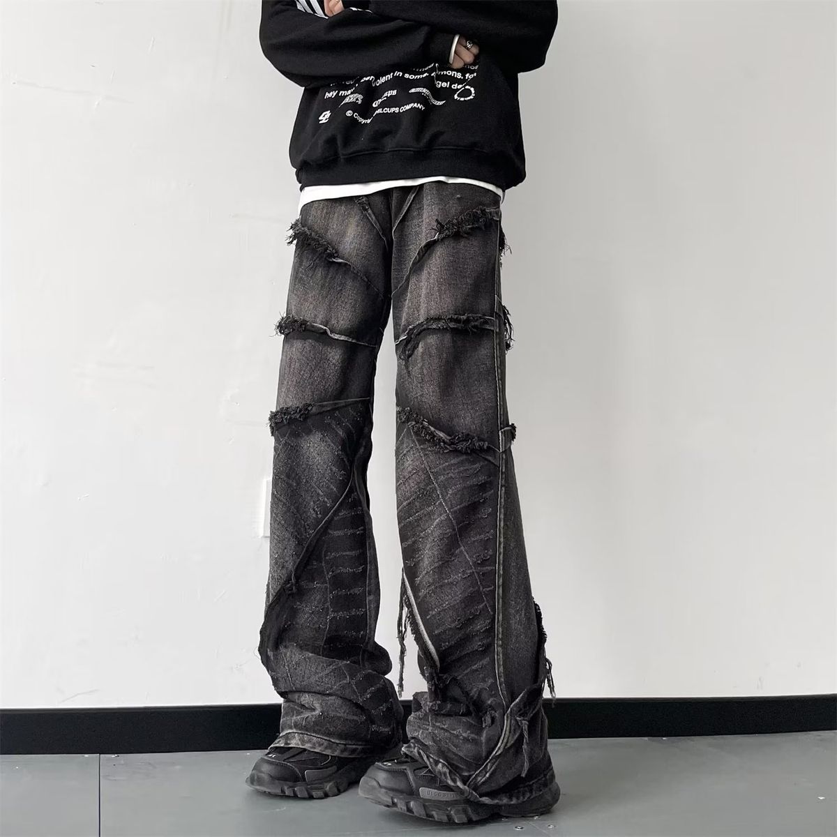 Man's clothing Black vintage furred jeans men's fashion vibe wide-leg pants High street plankton handsome mop pants_viptrois.com