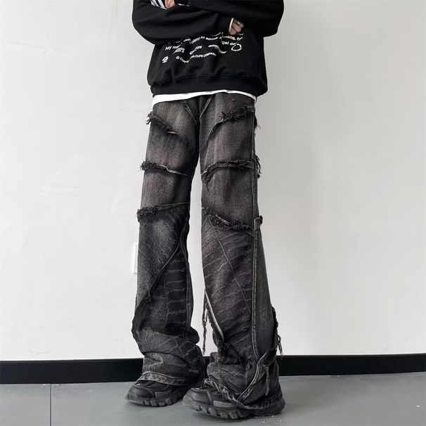 Man's clothing Black vintage furred jeans men's fashion vibe wide-leg pants High street plankton handsome mop pants_viptrois.com