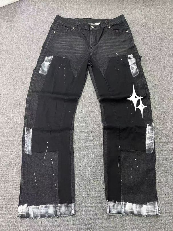 Men's Clothing European And American Men's Y2K Patchwork Painted Star Hot Stamped Straight Leg Jeans_viptrois.com