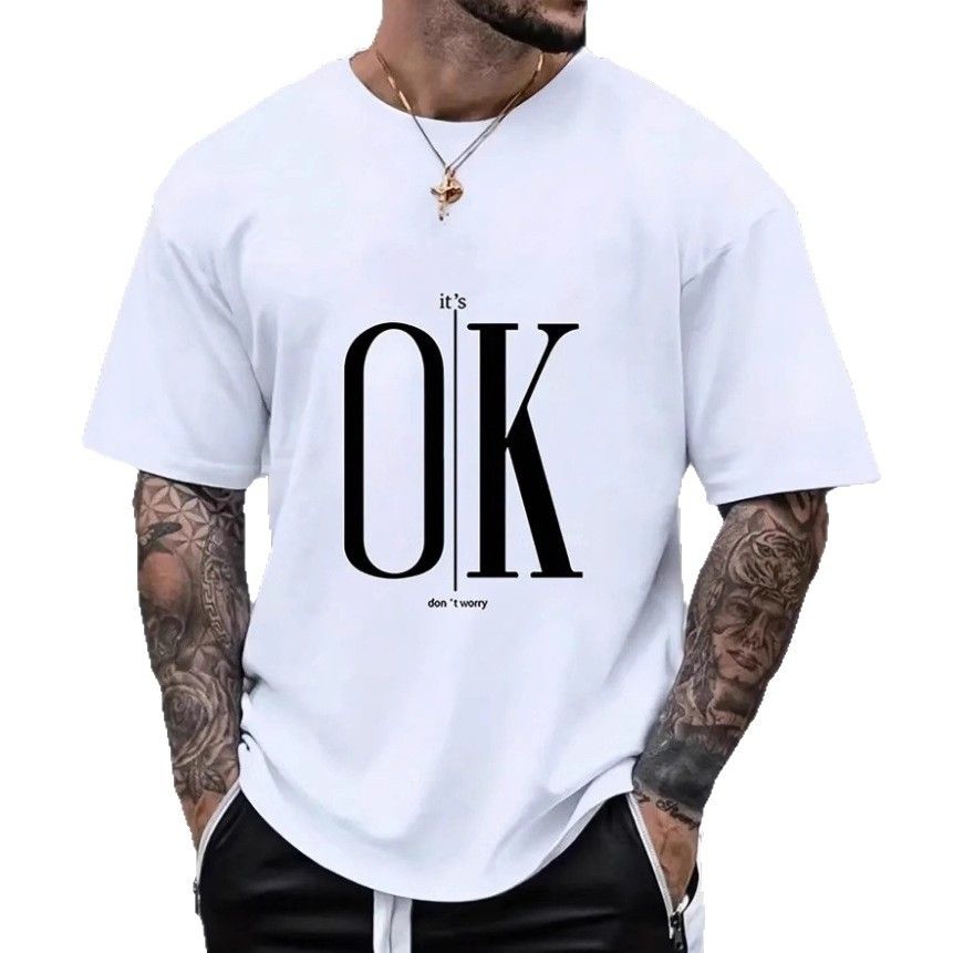 Men's Clothing Cotton T Shirt OK Letter Pullover Trendy Brand Hip Hop Y2K Pattern Printed T Shirt_viptrois.com