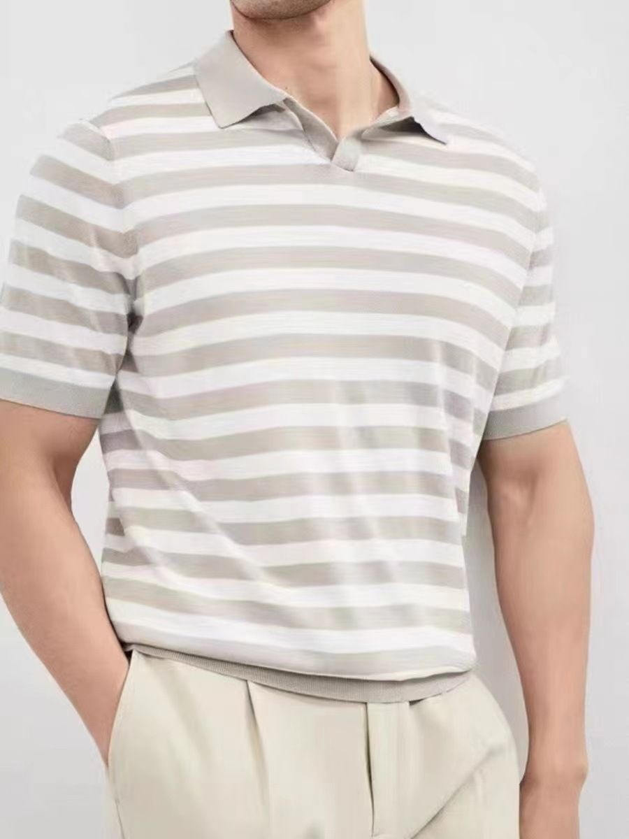 Men's Clothing Retro Color Matching Lapel Polo Sweater Top Men's Summer Striped Short Sleeved Paul T Shirt_viptrois.com