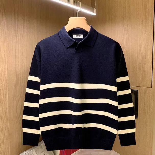 Striped Color Blocked Collar Knitted Sweater With New Fashionable And Casual Design_viptrois.com