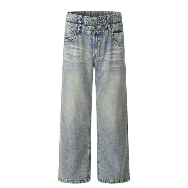 Double Waistband Jeans Men's High Street Trendy Design Sense Personality Patchwork Washed Vintage Distressed Casual_viptrois.com