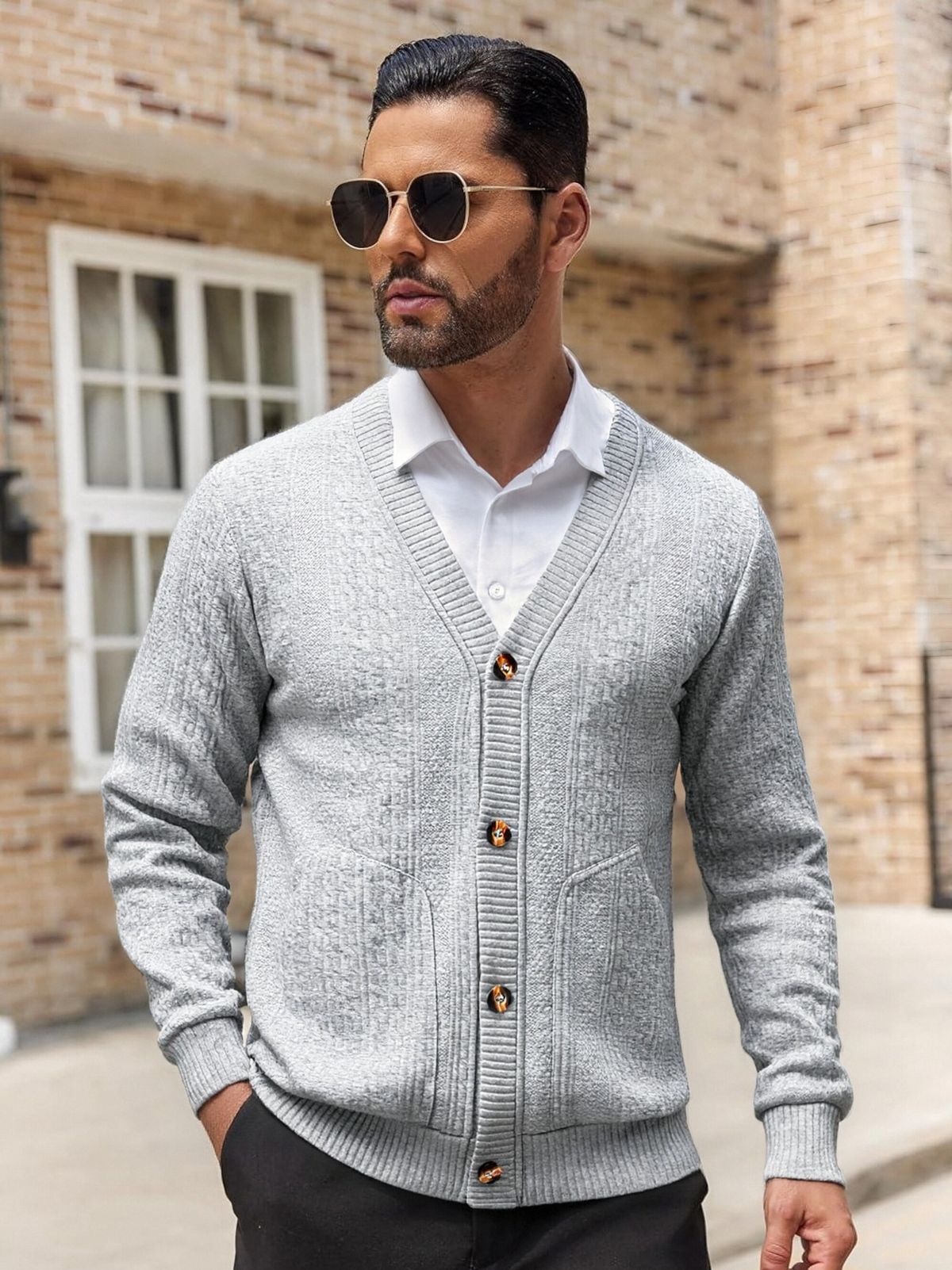 Men's Jacquard Knit Button-Up Cardigan – Slim-Fit Breathable Pullover With Textured Pattern (S-XXXL)_viptrois.com