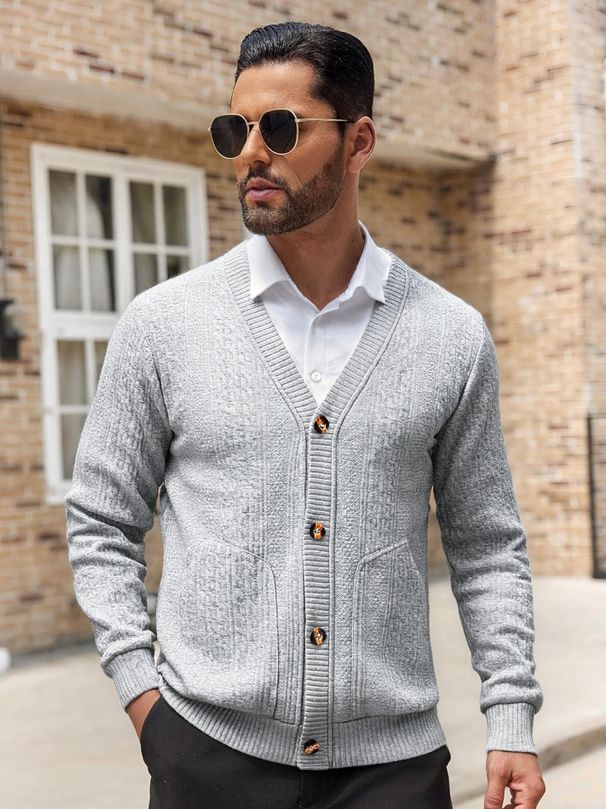 Men's Jacquard Knit Button-Up Cardigan – Slim-Fit Breathable Pullover With Textured Pattern (S-XXXL)_viptrois.com