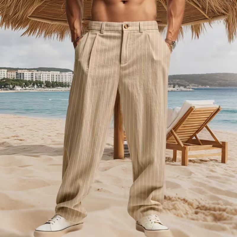 Men's Linen Striped Casual Trousers - Loose Fit Breathable Pants For Sports & Everyday Wear_viptrois.com