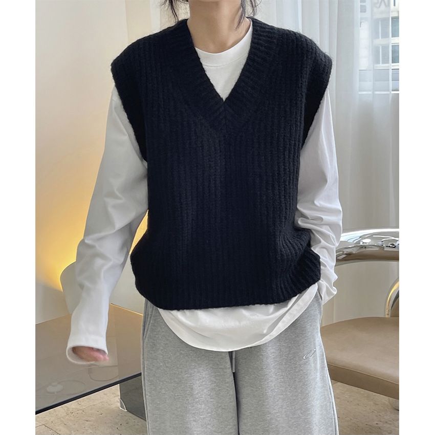 Men's Clothing Autumn And Winter New Korean Version Lazy Wool V Neck Knitted Vest Loose Slim Top For Women_viptrois.com