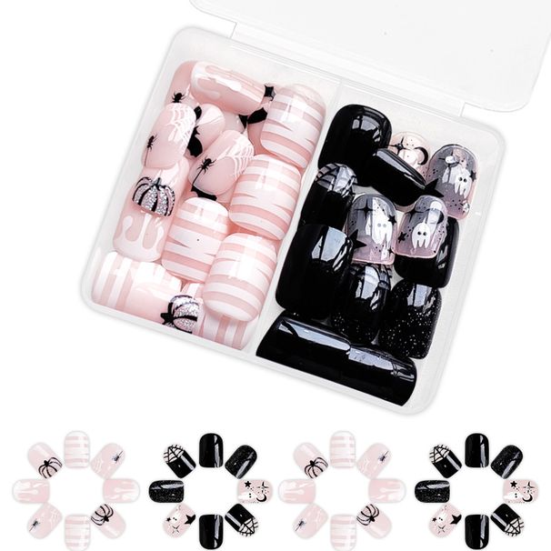 Short Glitter Square Armor Halloween Cobweb Ghost Pumpkin Glitter Stripe Fashion Wear Manicure Combination 24 Pieces_viptrois.com