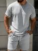 2026 Summer European Men's Solid Color Casual Sport Stripe Round Neck Short Sleeve Shorts Set_viptrois.com
