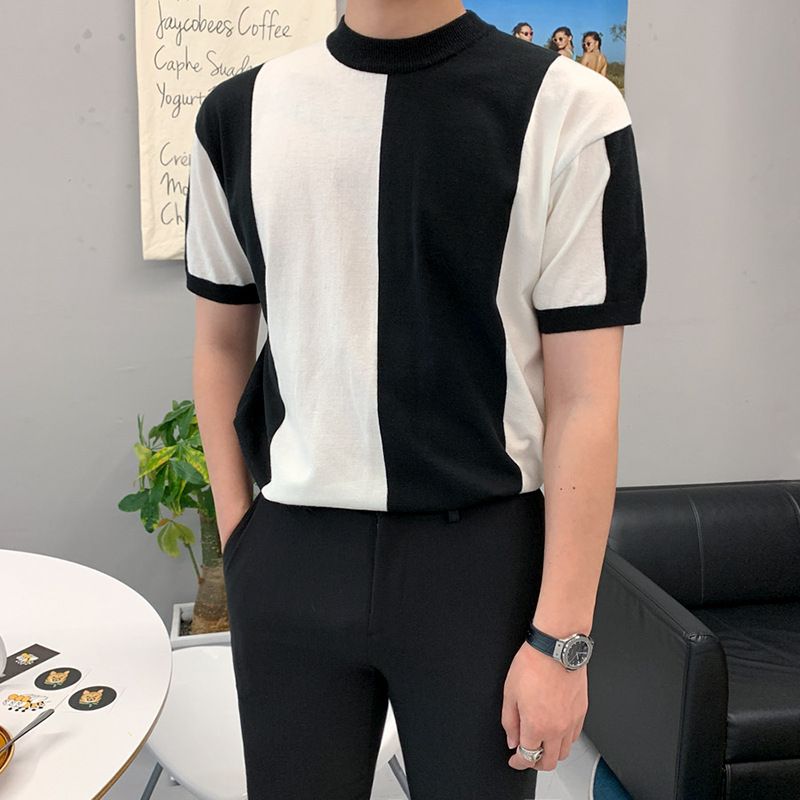 MYQ men's short-sleeved summer ice silk breathable thin knitted sweater light business small high collar T-shirt high-end men's T-shirt_viptrois.com