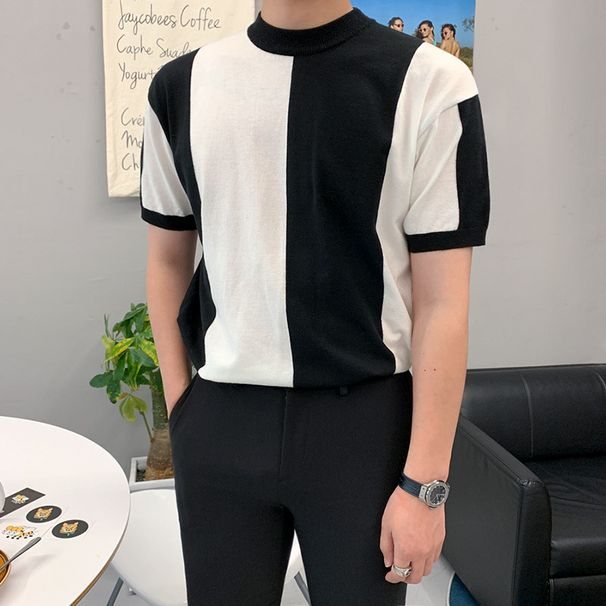 MYQ men's short-sleeved summer ice silk breathable thin knitted sweater light business small high collar T-shirt high-end men's T-shirt_viptrois.com