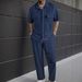 Men's Plus Size Corduroy Short Sleeve Shirt & Pants Set - Summer Casual Outfit With Button Front & Pockets (White, Black, Navy, Beige, Caramel)_viptrois.com