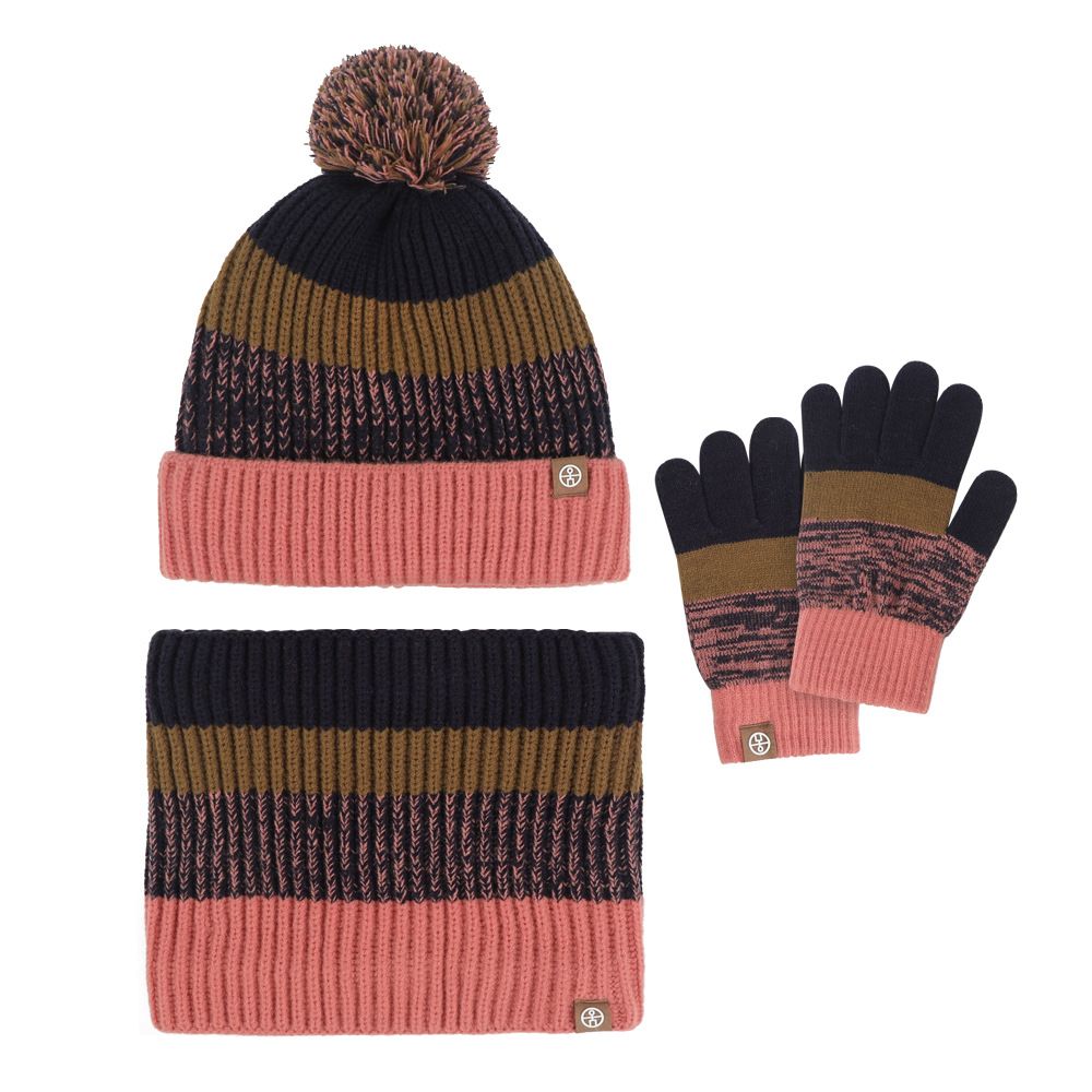 Young Girls Clothing scarf three piece set with velvet contrast color fur ball hat scarf gloves three piece set warm wool blend_viptrois.com