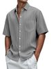 New Men's Solid Color Loose, Comfortable And Versatile Vertical Striped Short-sleeved Button Set_viptrois.com