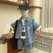 Kids Clothing Small And Medium Sized Handsome Street Blasting Denim Shirts And Shorts Two Piece Suits_viptrois.com