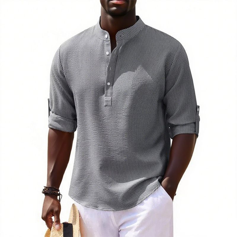 Men's Long Sleeved Stand Up Collar Plaid Shirt Solid Color Casual Bottoming Shirt Top_viptrois.com