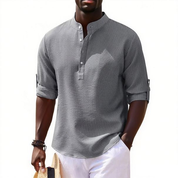 Men's Long Sleeved Stand Up Collar Plaid Shirt Solid Color Casual Bottoming Shirt Top_viptrois.com