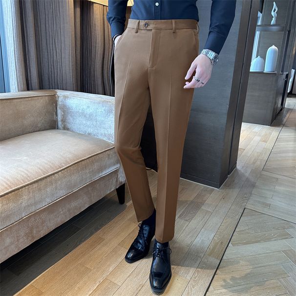 Men's Slim-Fit Dress Pants For Fall & Winter, Wrinkle-Free, Stretch Polyester, Business Casual, Straight-Leg, Office Wear, Dark Tones_viptrois.com