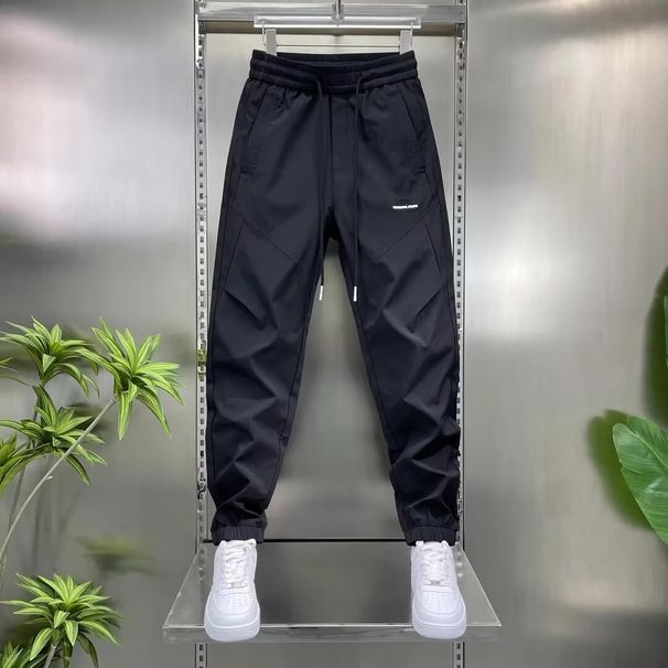 Men's Slim-Fit Casual Pants With Elastic Waist – Minimalist Embroidered Label & Stitching Detail (Black/White, M-3XL)_viptrois.com