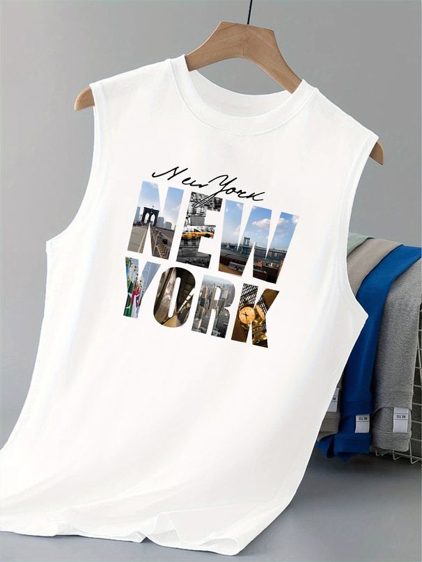 100% Pure Cotton Men's Summer Casual Sports Fitness Loose New York Pattern Printed Breathable Round Neck Sleeveless Vest_viptrois.com