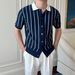 Men's Clothing Casual Striped Polo Shirt Men's Summer Business Lapel Slim Fit Top Gentleman Thin Knitted Striped Short Sleeved T Shirt_viptrois.com