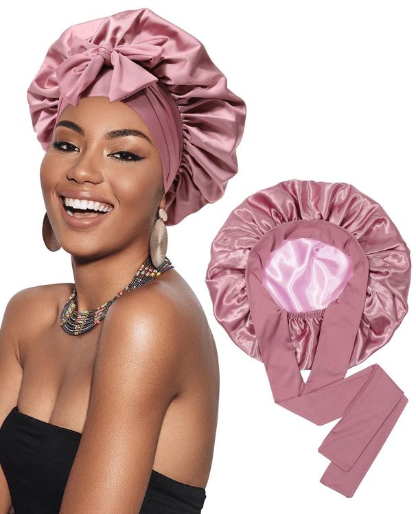 Double color Ding streamer round hat bow Beauty care hair wide brimmed hat headscarf night cap_viptrois.com