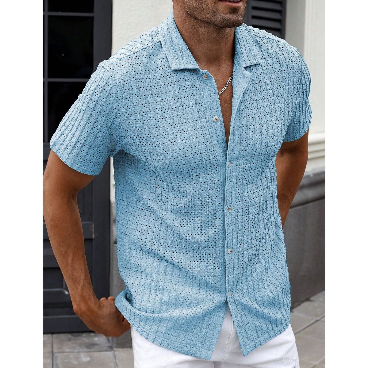Men's Hollow Out Short Sleeve Shirt – Breathable & Stylish, V-Neck Casual (Black/Khaki/Bluish/Green/White, S-XXL)_viptrois.com