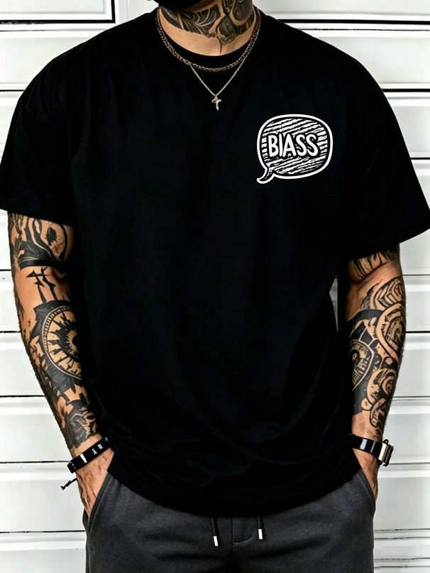 100% Cotton Men Oversized T-shirt Biass Text In Comic Bubble Print Crew Neck Short Sleeve Streetwear Tee_viptrois.com