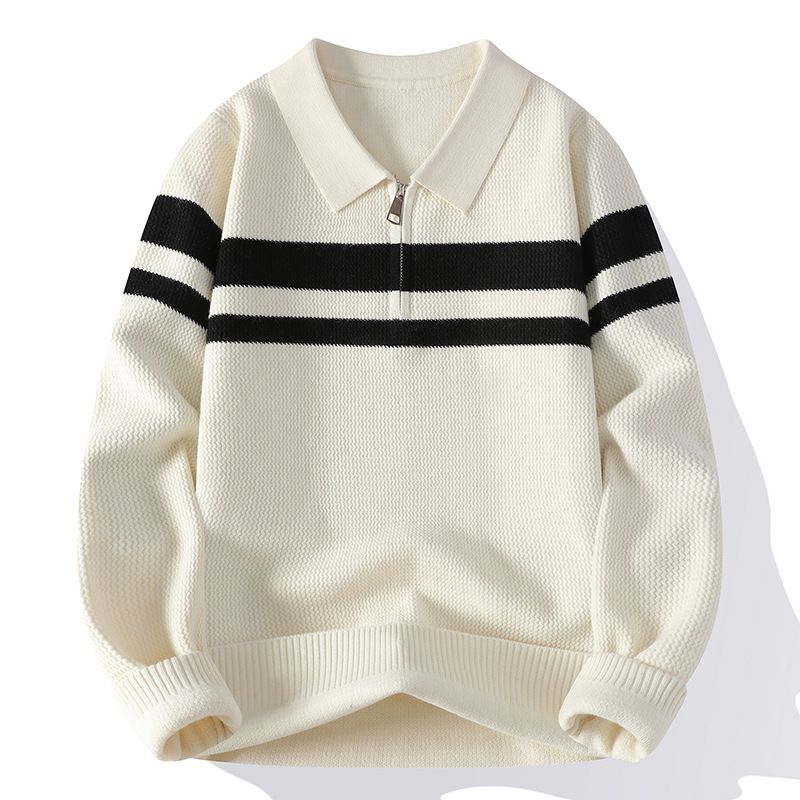 Men's Winter Fashion Lapel Zipper Sweater Striped Knitted Sweater_viptrois.com