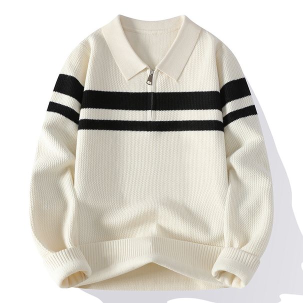 Men's Winter Fashion Lapel Zipper Sweater Striped Knitted Sweater_viptrois.com