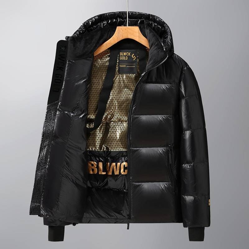 Black And Gold Short Hooded Down Jacket For Both Men And Women, Thick And Warm Men's Couple Coat, Winter Outdoor Bread Jacket_viptrois.com