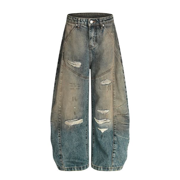Post-Industrial Style Distressed Ripped Jeans For Men Punk High Street Three-Dimensional Deconstructed Dirty Wide-Leg_viptrois.com