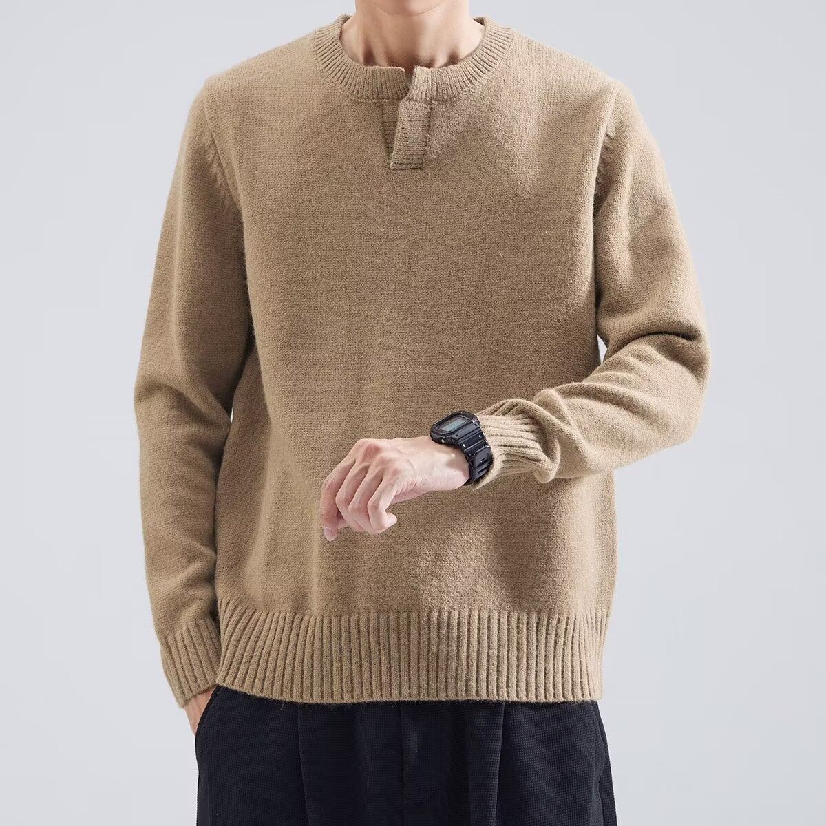Autumn and Winter V-neck Men's Quality Threaded Knitted Top Solid Color Casual Long Sleeve Knitted Base Sweater Inner Coat_viptrois.com