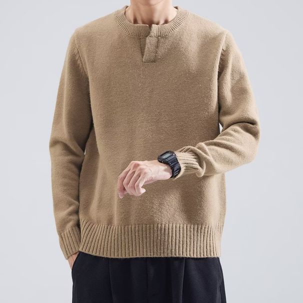 Autumn and Winter V-neck Men's Quality Threaded Knitted Top Solid Color Casual Long Sleeve Knitted Base Sweater Inner Coat_viptrois.com