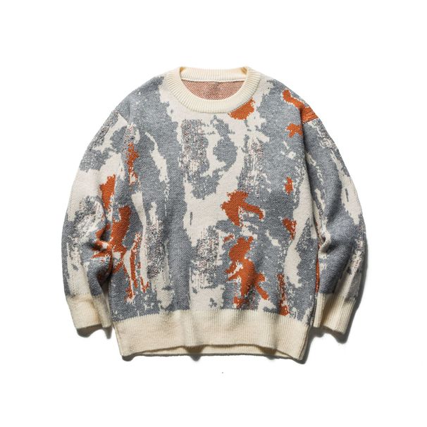 Yidao Vintage 25 Autumn Winter New National Trend Abstract Art Jacquard Distressed Loose Casual Pullover Sweater_viptrois.com