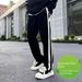 Men's Casual Straight-Leg Jogger Pants With Adjustable Drawstring, Striped Design, Comfortable & Breathable Polyester Blend For Teens & Young Adults_viptrois.com