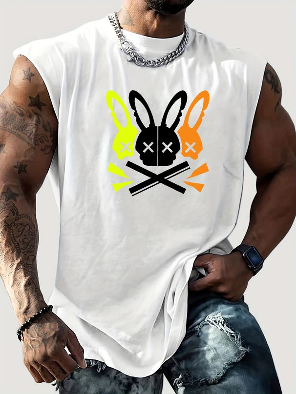100% Pure Cotton Men's Summer Casual Sports Fitness Loose Rabbit Pattern Printed Breathable Round Neck Sleeveless Vest_viptrois.com
