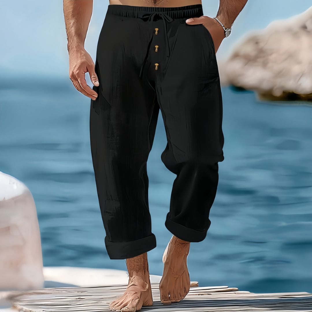 Men's Clothing Spring And Autumn Pants Solid Color Cotton And Linen Loose Drawstring Button Casual Trousers Men_viptrois.com
