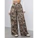Men's Clothing European And American Women's Clothing Independent Website Casual Pants Stretch Waist Leaf Print Wide Leg Trousers_viptrois.com