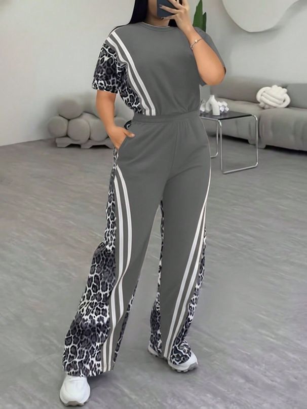 Animal Print Short Sleeve T-Shirt And Straight Leg Pants Lounge Set, Casual Two Piece Outfit For Women, Comfortable Daily Wear_viptrois.com