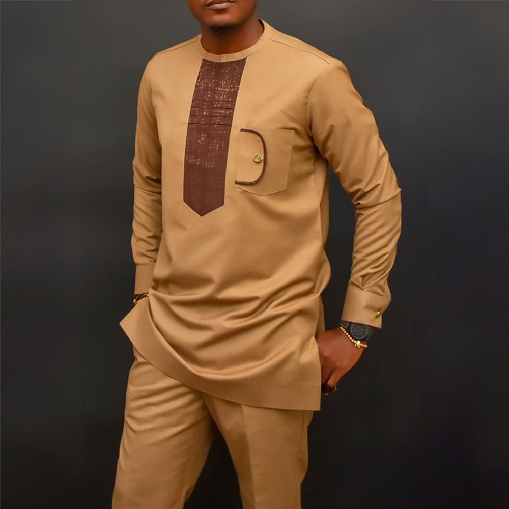 Men's Clothing Traditional Muslim Wedding New Suit 2 Piece Set Round Neck Long Sleeve Top Plus Pants_viptrois.com