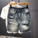 Men's Clothing Summer Thin Fashion Ripped Patch Denim Shorts Men's Trendy Brand All Match Cat Whisker Distressed Beggar Five Point Pants_viptrois.com