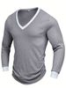 Men's Ribbed Texture Long Sleeve Shirt – Contrast V-Neck Pullover (Breathable Polyester, Slim Fit, Unisex Casual Top For Fall/Winter)_viptrois.com
