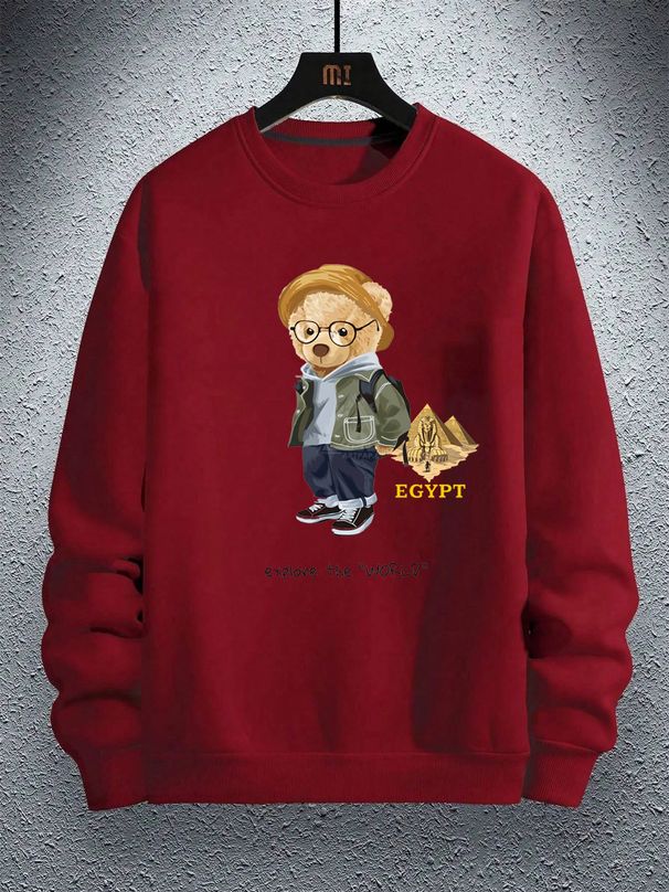 Men's Loose Casual Fashionable Cartoon Travel Bear Pattern Printed Round Neck Long Sleeved Hoodie For Autumn And Winter_viptrois.com