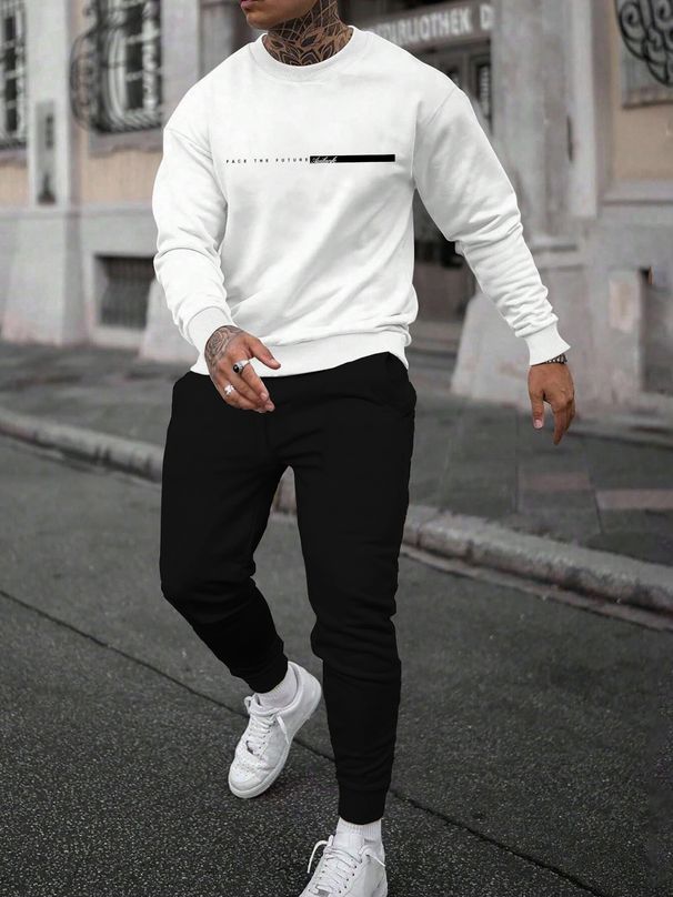 Men's Autumn And Winter Casual Warm FACE THE FUTURE Pattern Printed Loose Thick Velvet Round Neck Sports Shirt+sports Pants Set_viptrois.com